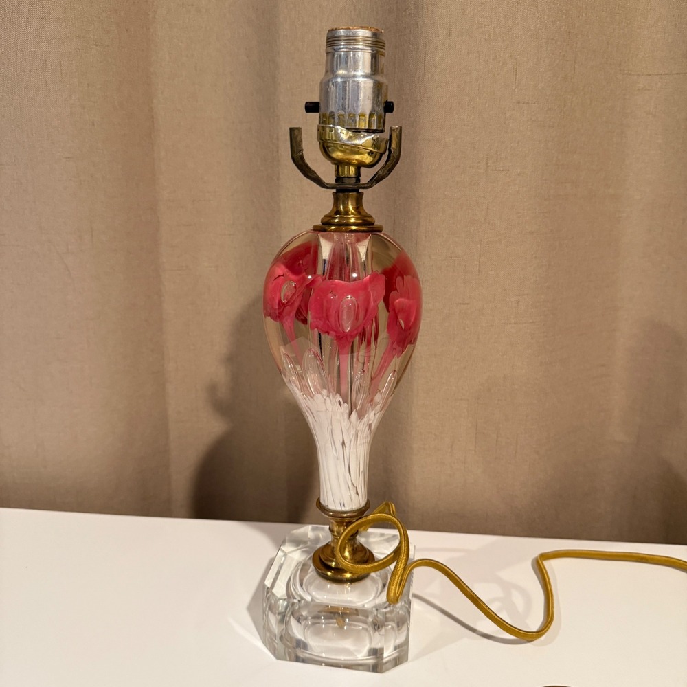 Vintage Murano Style ST. Claire  Floral Art Glass Lamp Bullicante‎ Crystal Base